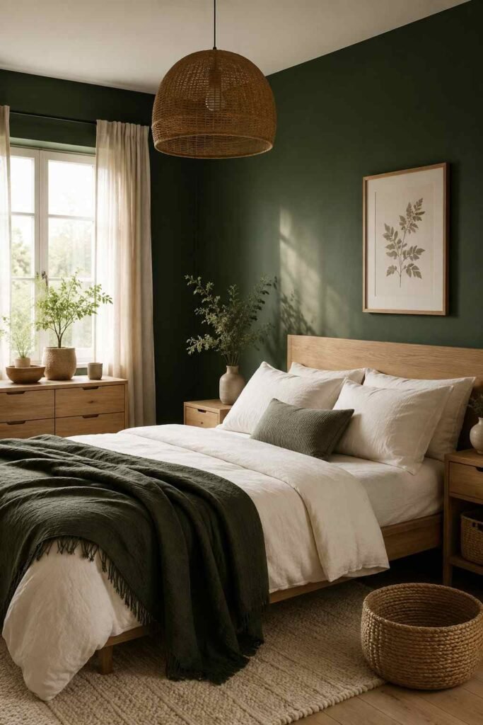 Dark green bedroom with terracotta accents, cream bedding, natural wood, and earthy decorative textures.