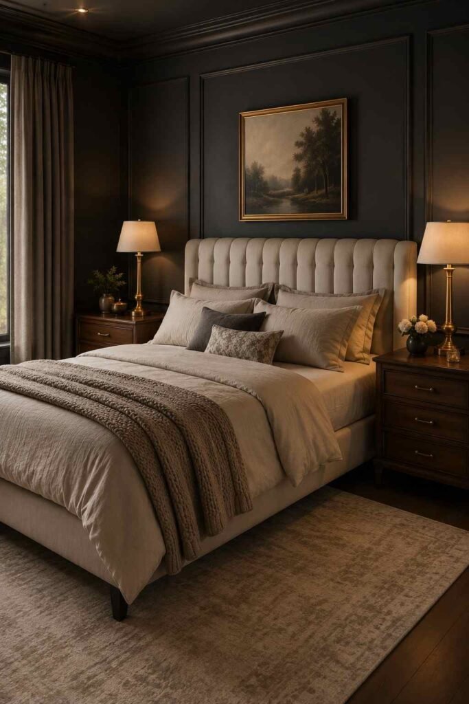Bedroom with deep charcoal walls, cream bedding, walnut furniture, and warm brass lighting.