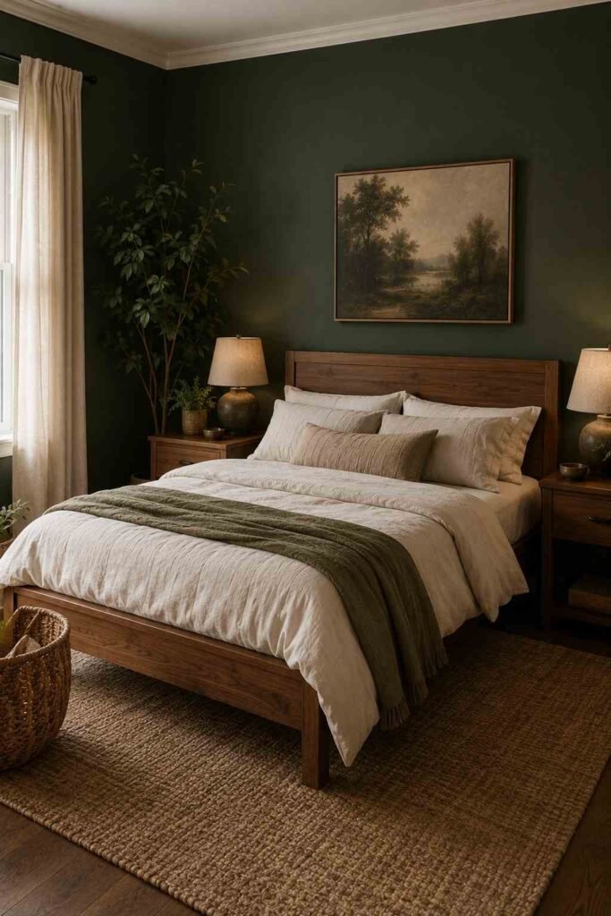 Forest green bedroom with natural wood furniture, cream bedding, plants, and warm lighting.