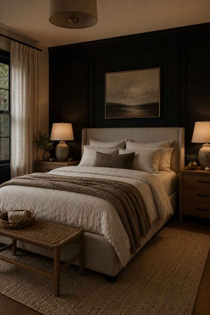 Bedroom with a black accent wall, cream bedding, warm lighting, and natural wood furniture.