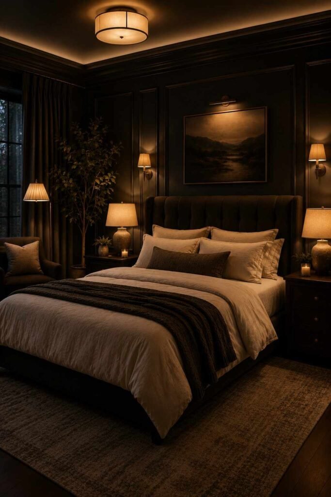 Dark bedroom with layered warm ambient lighting, bedside lamps, sconces, and cozy bedding.
