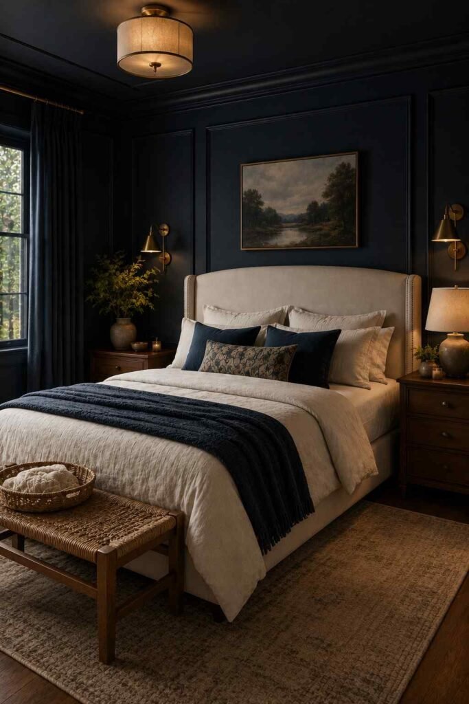 Moody blue bedroom with navy walls, soft cream bedding, walnut furniture, and brass accents.