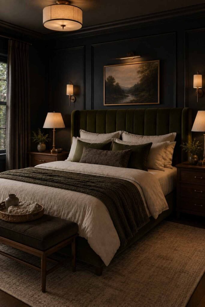 Luxury dark bedroom with an olive velvet headboard, cream bedding, and warm brass lighting.