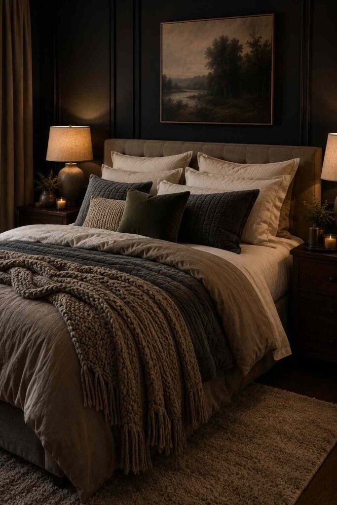 Cozy dark bedroom with layered cream, taupe, charcoal, and olive bedding.