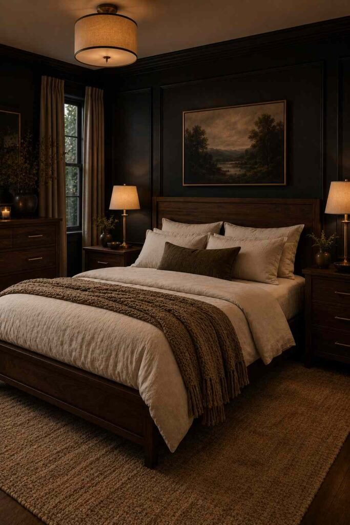 Dark bedroom with walnut furniture, charcoal walls, cream bedding, and warm brass lighting.