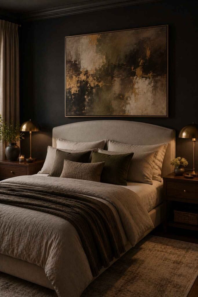 Dark bedroom featuring atmospheric artwork above the bed with warm neutral decor.
