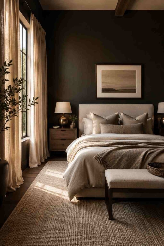 Dark bedroom with textured curtains, a soft beige rug, layered bedding, and warm decor.