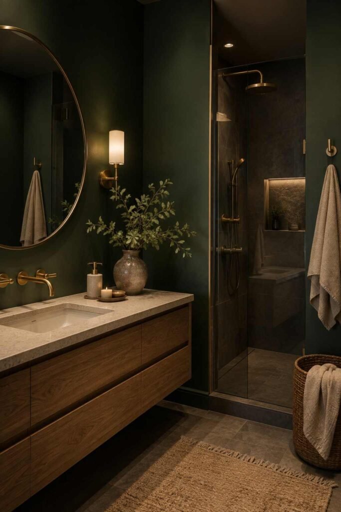 Dark green bathroom with brass fixtures, oak vanity, cream towels, and warm lighting.