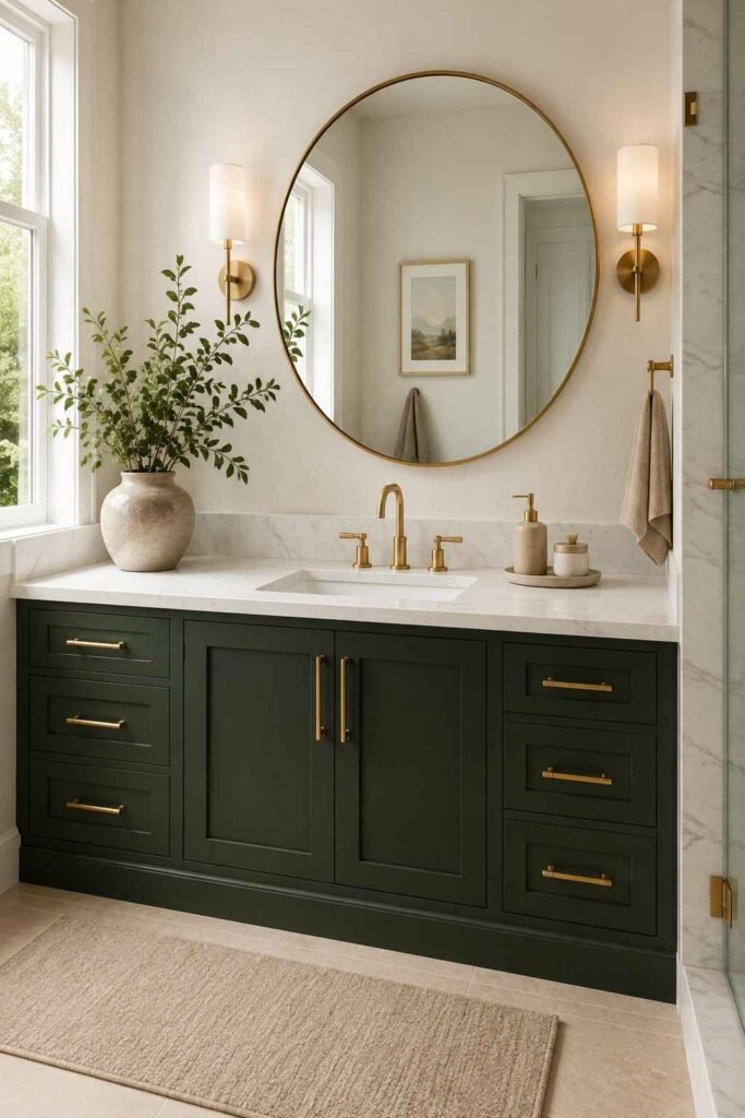Dark green bathroom vanity with white walls, brass hardware, marble countertop, and beige towels.