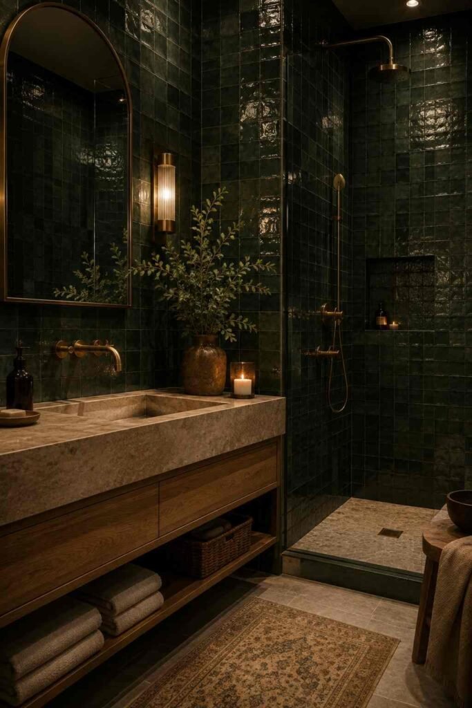 Dark green zellige style bathroom tiles with brass fixtures and natural stone accents.