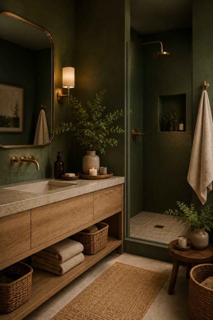 Dark green bathroom with natural wood vanity, woven baskets, plants, and cream towels.