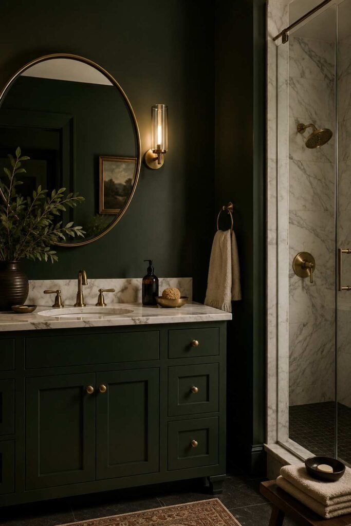 Elegant dark green bathroom with white marble, brass fixtures, and cream accents.