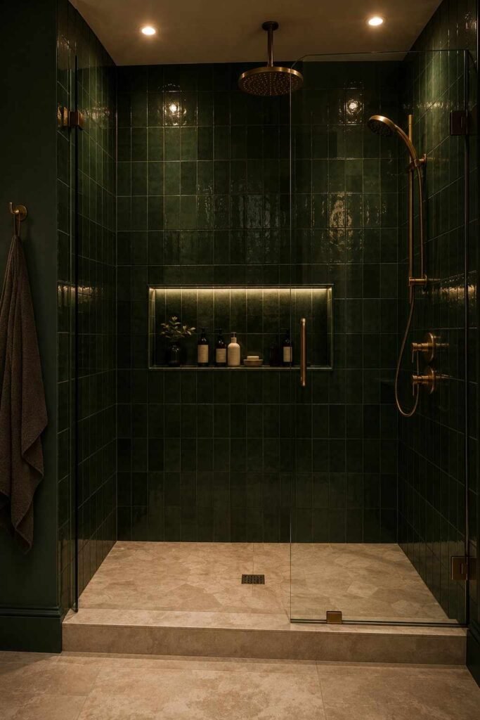 Moody dark green tiled shower with glass enclosure, brass fixtures, and recessed niche.