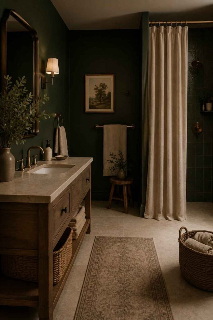 Dark green bathroom with cream, beige, taupe, wood, and soft natural accents.