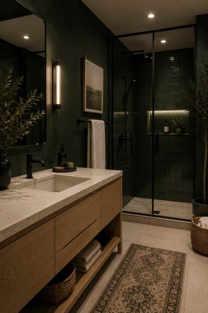Dark green bathroom with matte black fixtures, light stone, and pale oak vanity.