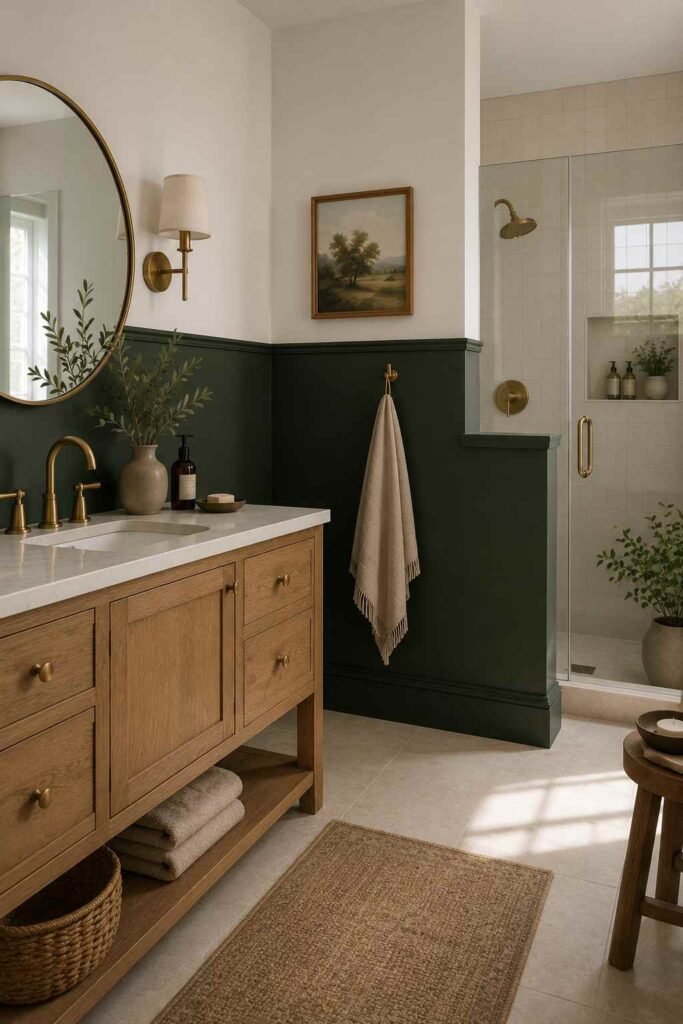 Dark green half-wall bathroom with white upper walls, oak vanity, and brass fixtures.