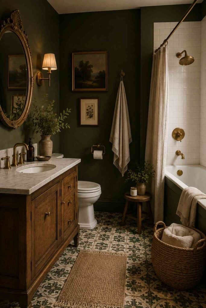 Vintage dark green bathroom with antique brass fixtures, ornate mirror, and patterned floor.