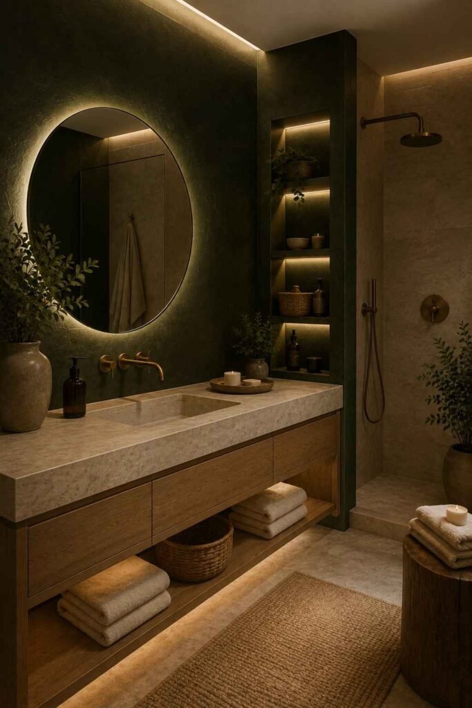 Spa inspired dark green bathroom with natural stone, oak, cream towels, plants, and warm lighting.