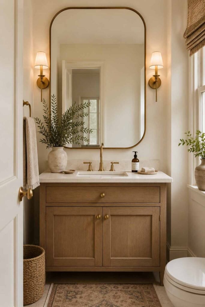 Elegant guest bathroom with a rounded brass statement mirror, warm lighting, and sophisticated vanity decor.