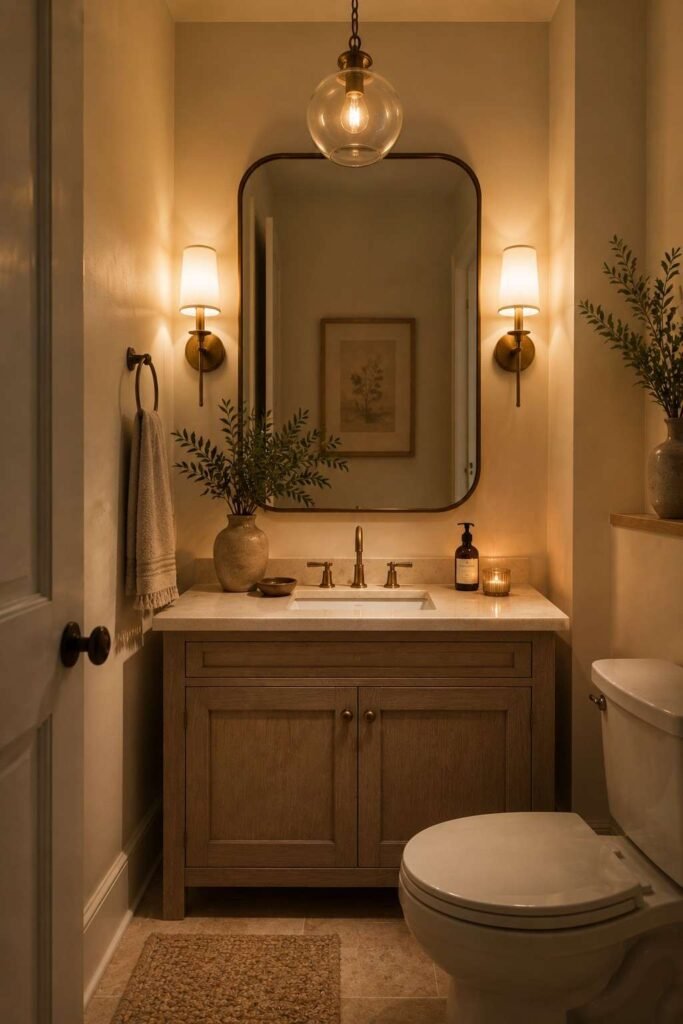 Guest bathroom with layered warm lighting, wall sconces, pendant lighting, and a cozy atmosphere.