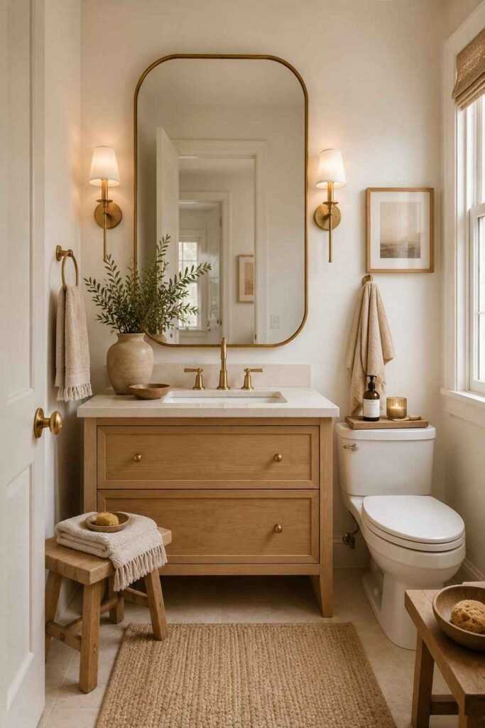 Modern guest bathroom with natural wood vanity, wooden stool, and warm neutral decor.