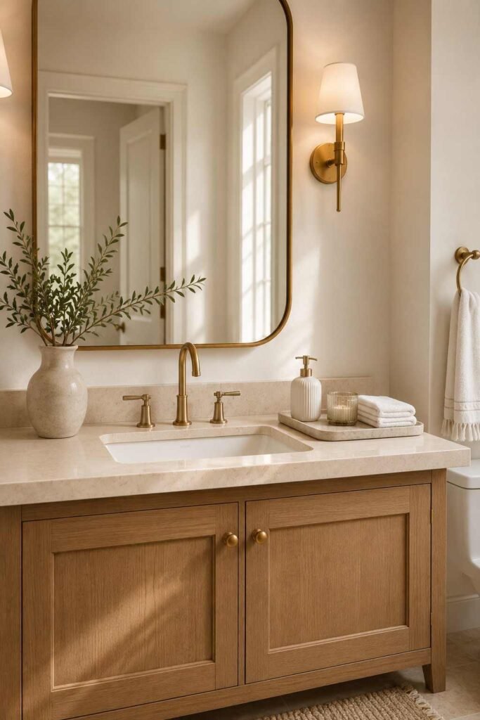 Stylish guest bathroom vanity with a decorative tray, soap dispenser, folded towels, and elegant accessories.