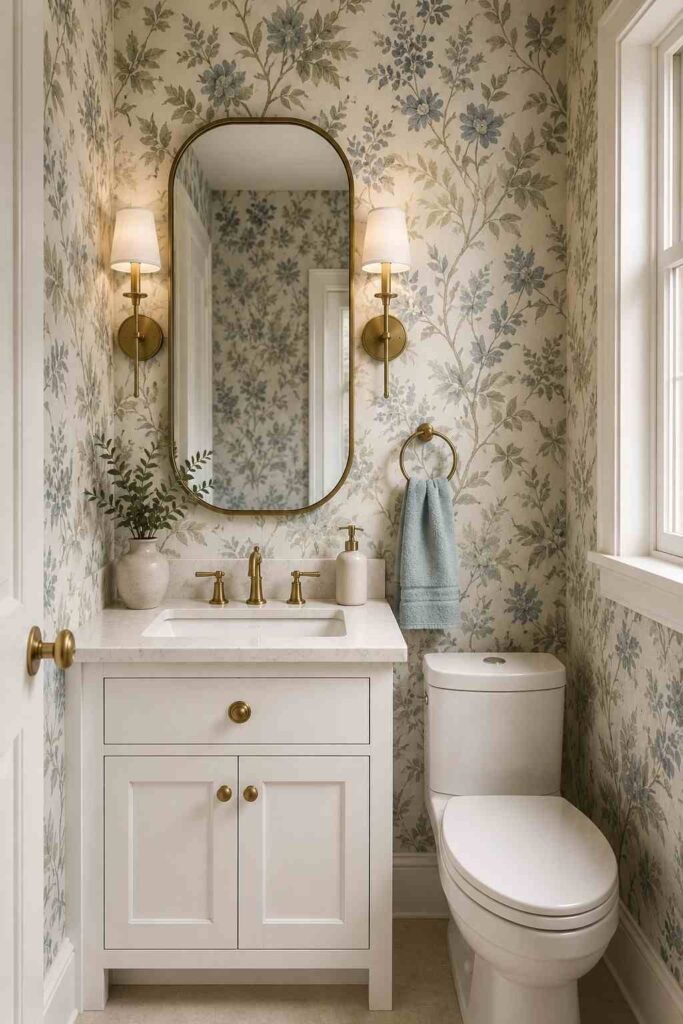 Guest bathroom featuring botanical wallpaper, brass fixtures, and a simple elegant vanity.