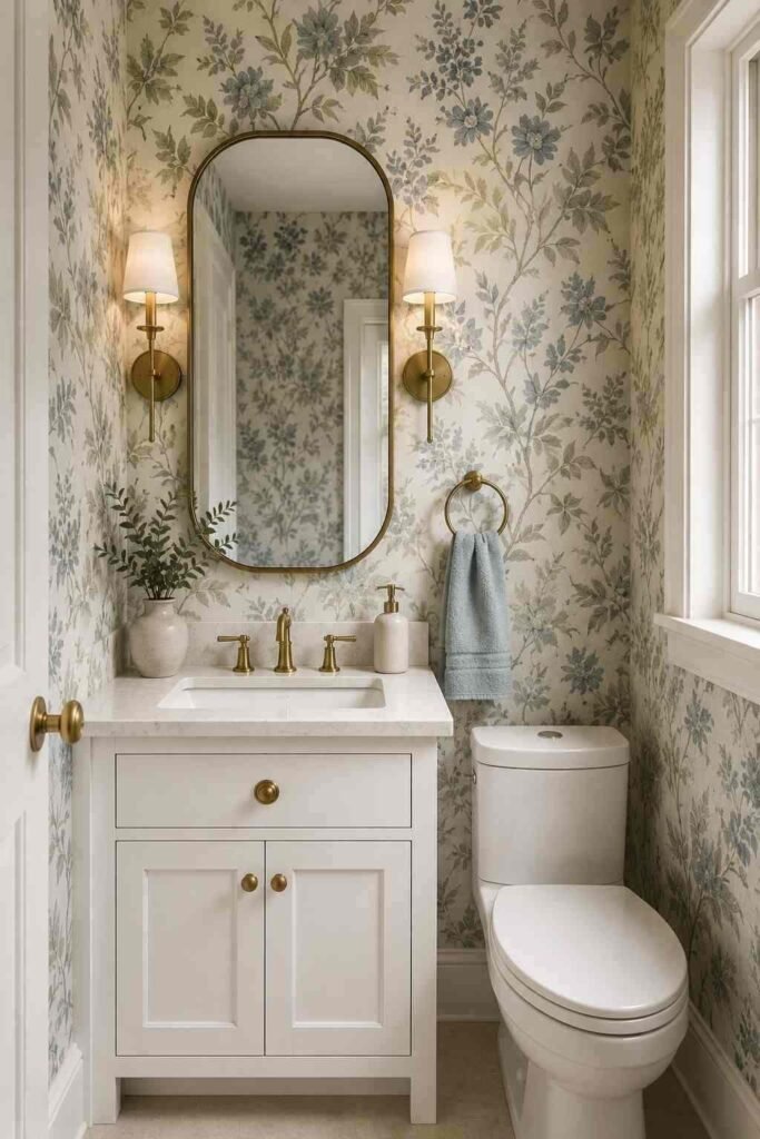 Cozy guest bathroom with plush white and sage towels, soft rug, and hotel-inspired decor.