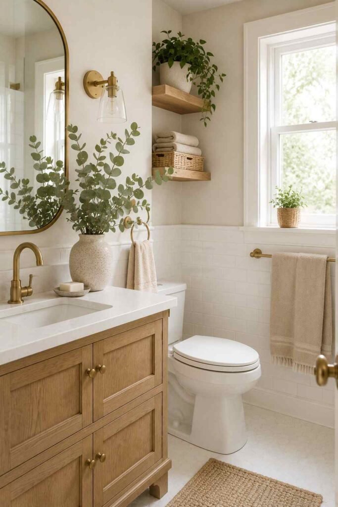 Bright guest bathroom decorated with eucalyptus, greenery, natural wood, and neutral finishes.