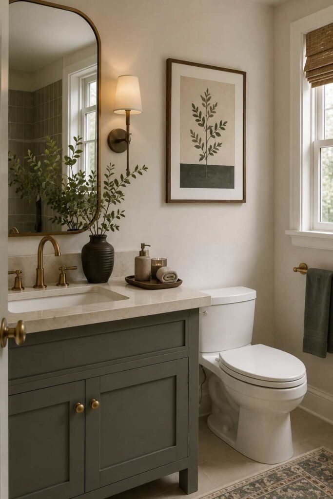 Guest bathroom with framed botanical wall art, neutral colors, and elegant vanity decor.