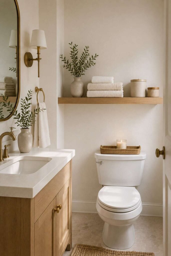 Small guest bathroom with floating oak shelf, folded towels, ceramic decor, and organized storage.