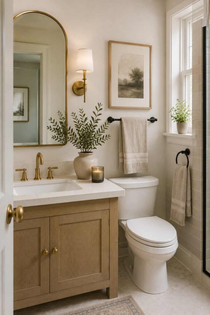 Elegant guest bathroom combining brushed brass and matte black metal finishes.