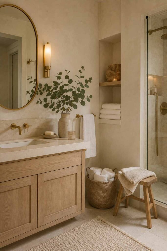 Spa-like guest bathroom with creamy neutrals, eucalyptus, fluffy towels, and natural textures.