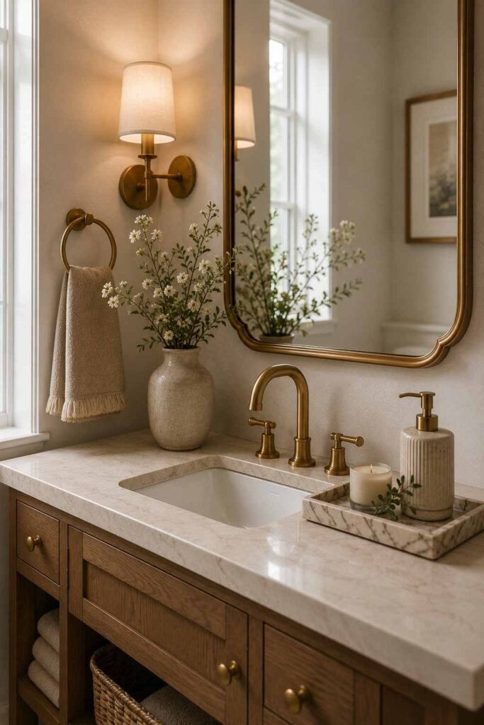 Luxurious guest bathroom with sculptural faucet, elegant mirror, marble-look tray, and refined accessories