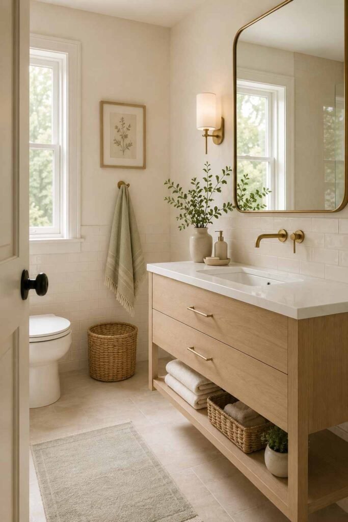  Small bathroom using warm white, beige, sage green, and light wood to create a bright spacious feeling.
