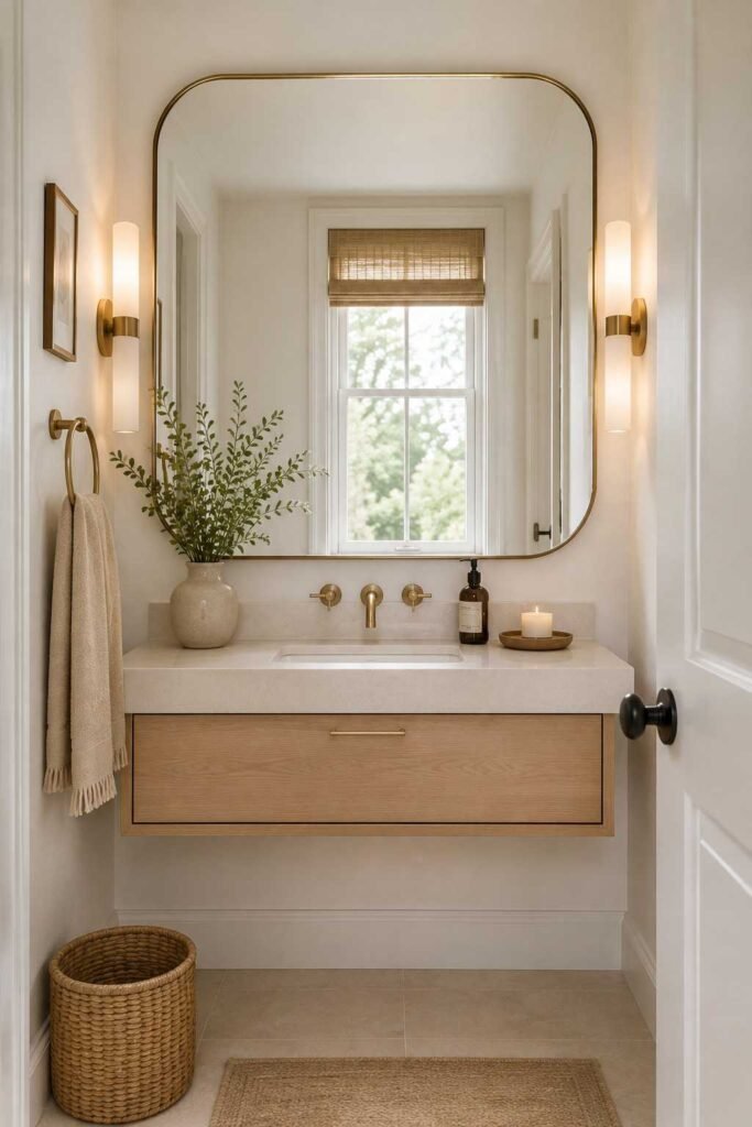  Small bathroom with an oversized round mirror reflecting natural light to make the space feel larger.
