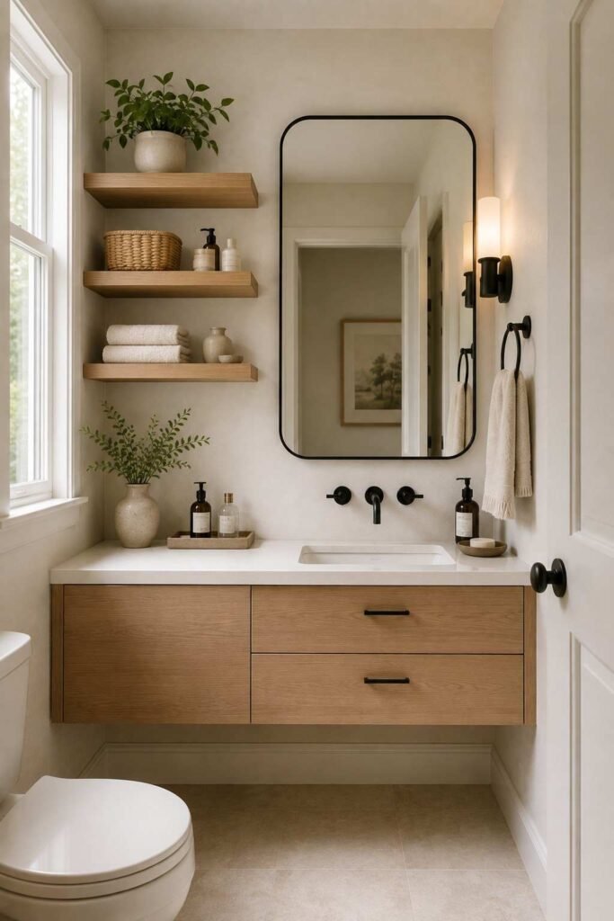  Small bathroom with floating vanity, wooden shelves, woven baskets, and neatly organized storage.
