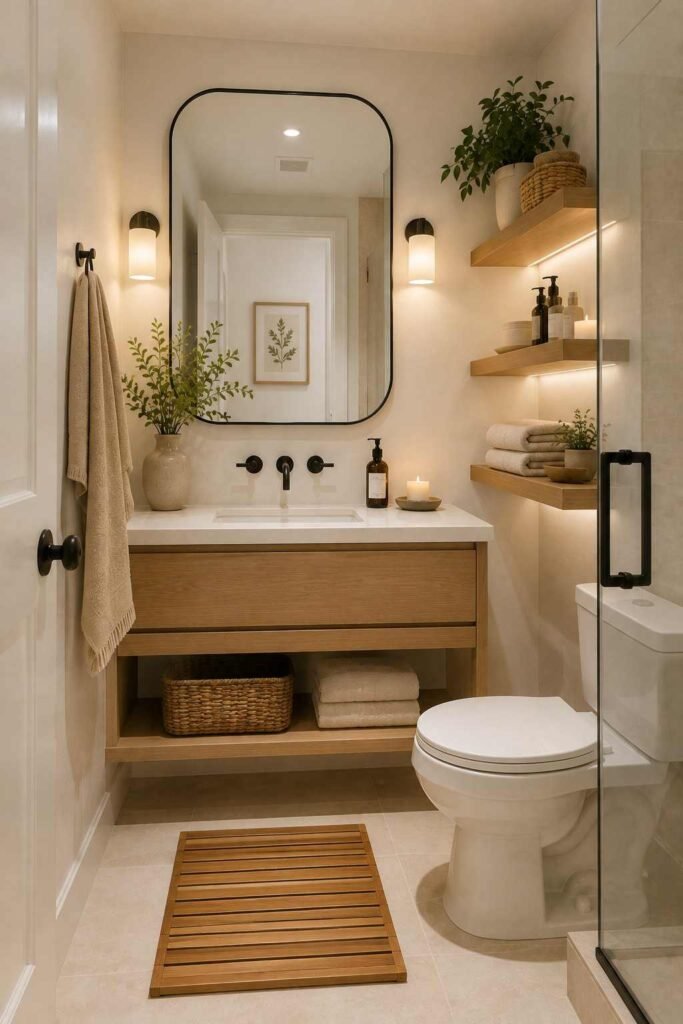  Small bathroom with layered ceiling and vanity lighting creating a warm luxurious atmosphere.
