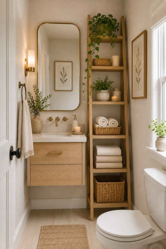  Small bathroom using a tall ladder shelf, vertical artwork, baskets, towels, and greenery for storage and decor.
