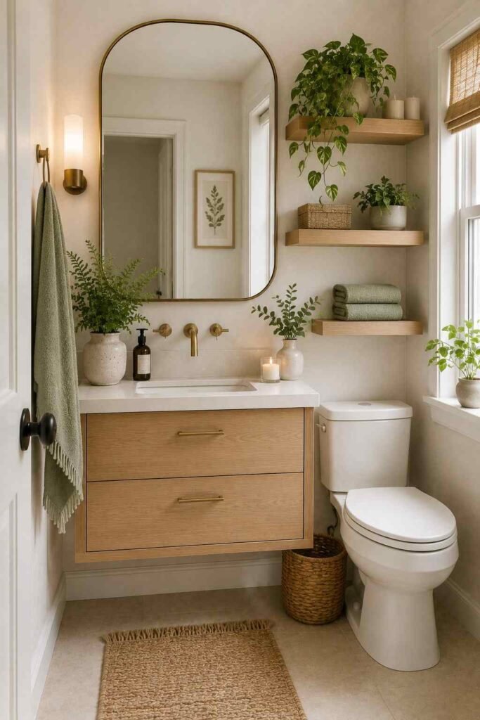  Small bathroom decorated with pothos and fern plants, natural wood, sage towels, and neutral finishes.
