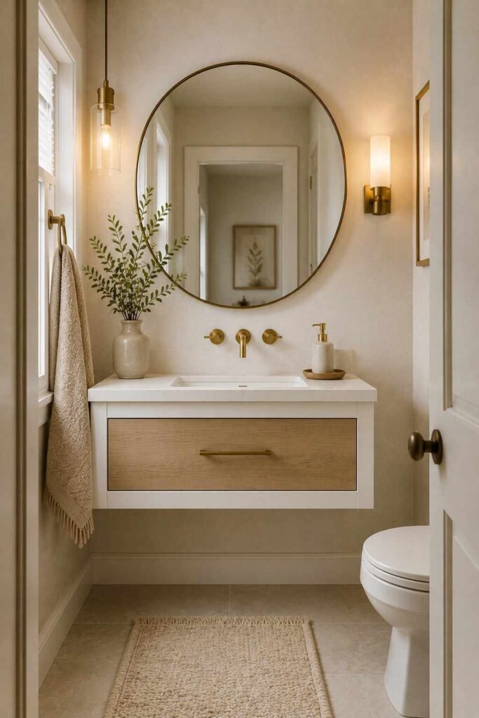  Compact bathroom with a slim floating vanity, open floor space, round mirror, and warm neutral decor.
