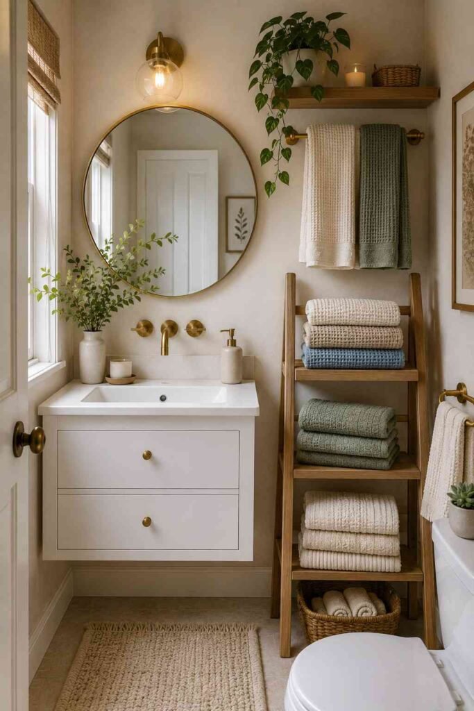  Small bathroom with neatly displayed textured towels in neutral, sage, and dusty blue shades.
