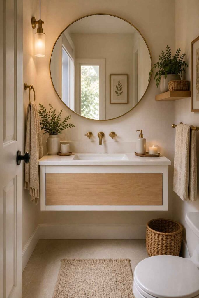  Compact bathroom with a slim floating vanity, open floor space, round mirror, and warm neutral decor.

