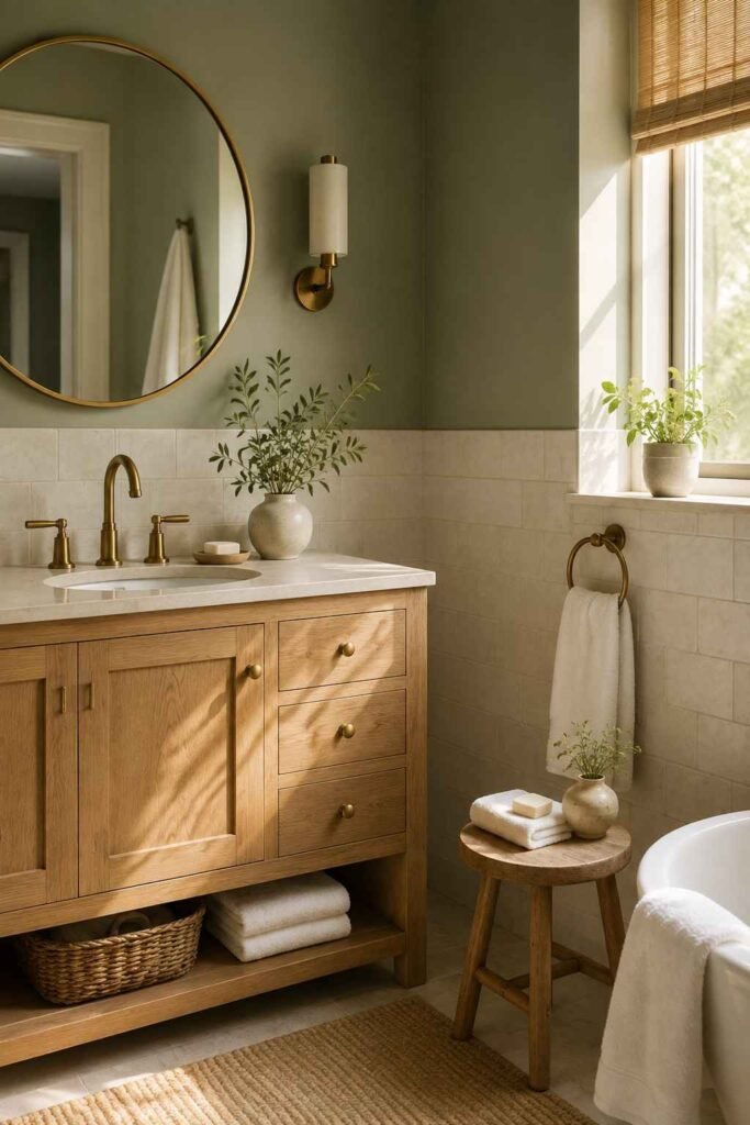 Soft sage green bathroom walls with a light wood vanity, white tiles, brass fixtures, and cozy natural textures.
