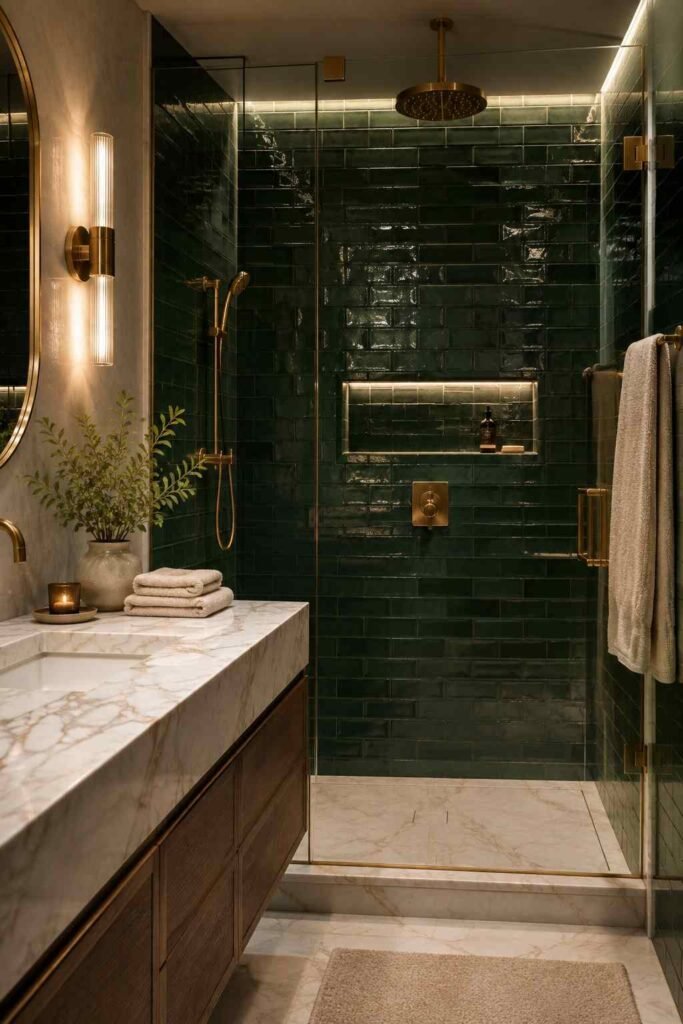  Luxurious bathroom with deep emerald green tiles, white marble surfaces, gold fixtures, and warm elegant lighting.

