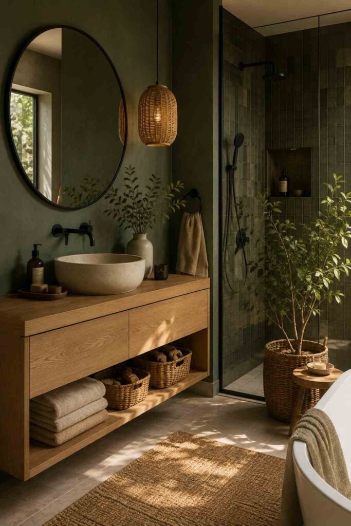  Green bathroom with natural wood vanity, woven baskets, linen towels, stone surfaces, and earthy organic textures.
