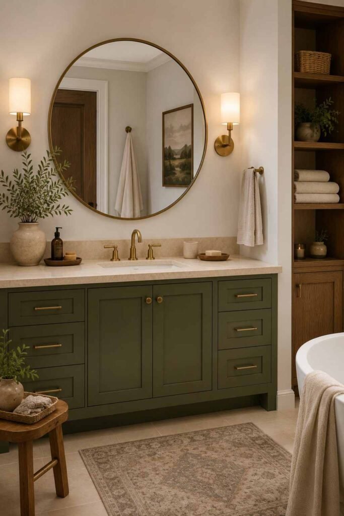 Bathroom with beautiful green patterned floor tiles, white walls, a wood vanity, and warm brass fixtures.
