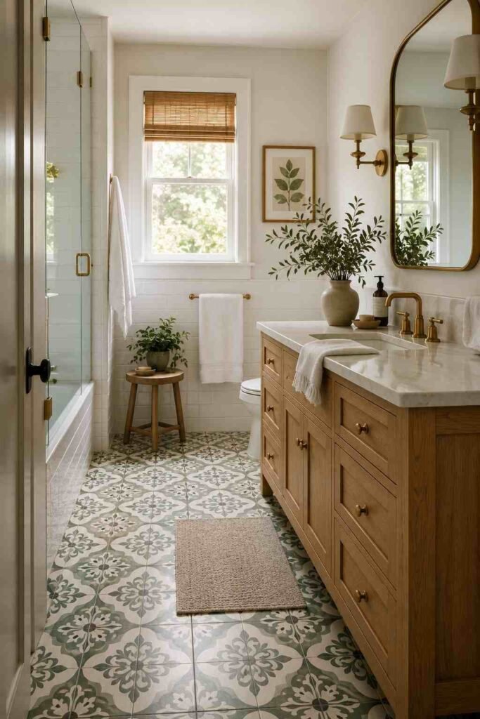  Bathroom with beautiful green patterned floor tiles, white walls, a wood vanity, and warm brass fixtures.
