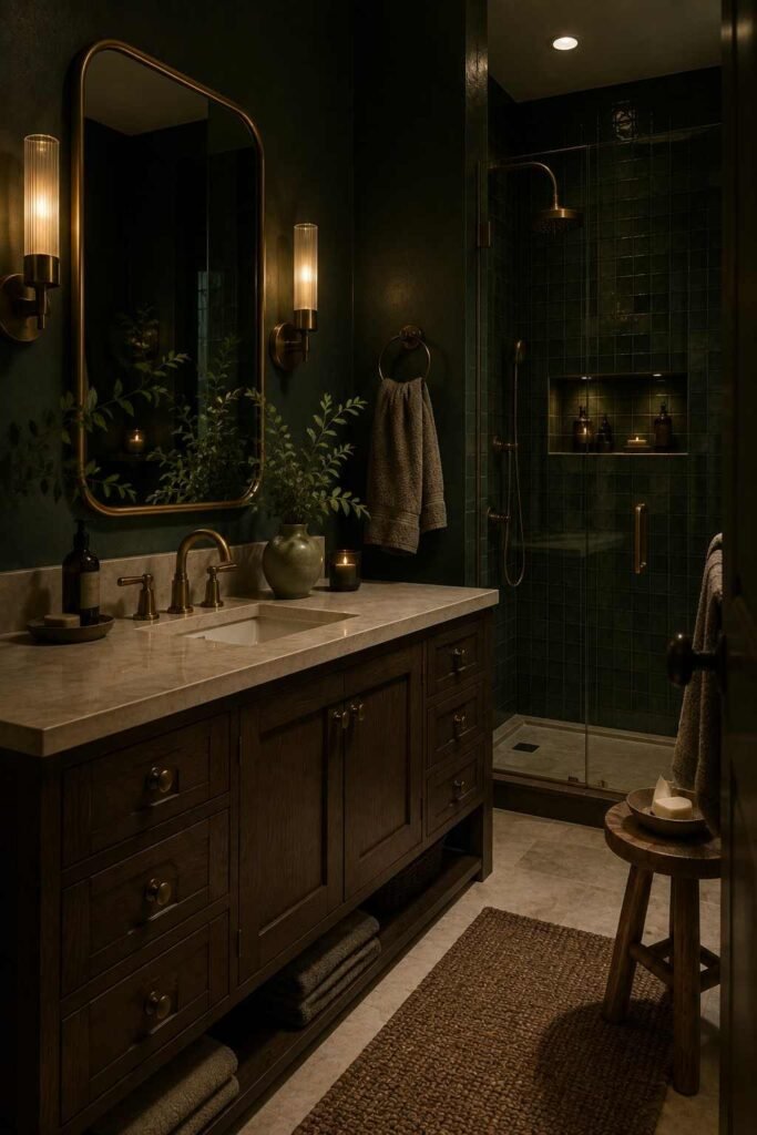  Moody dark green bathroom with a wood vanity, brass fixtures, stone surfaces, and soft warm lighting.
