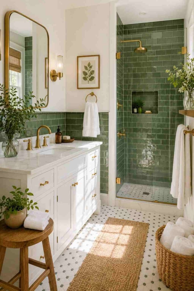 
 Fresh green and white bathroom with glossy green tiles, brass fixtures, white towels, and natural wood accents.
